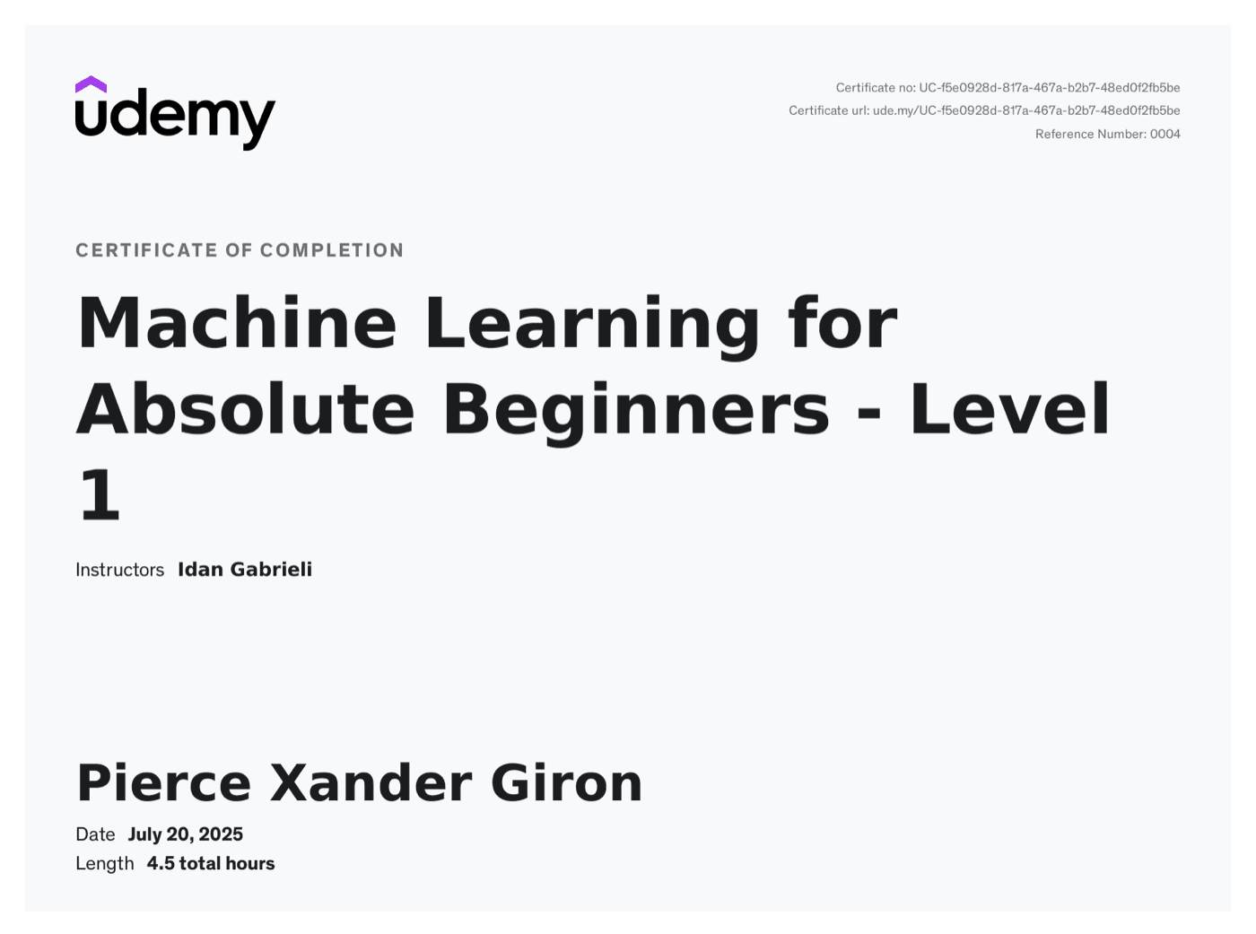 Machine Learning for Beginners certificate